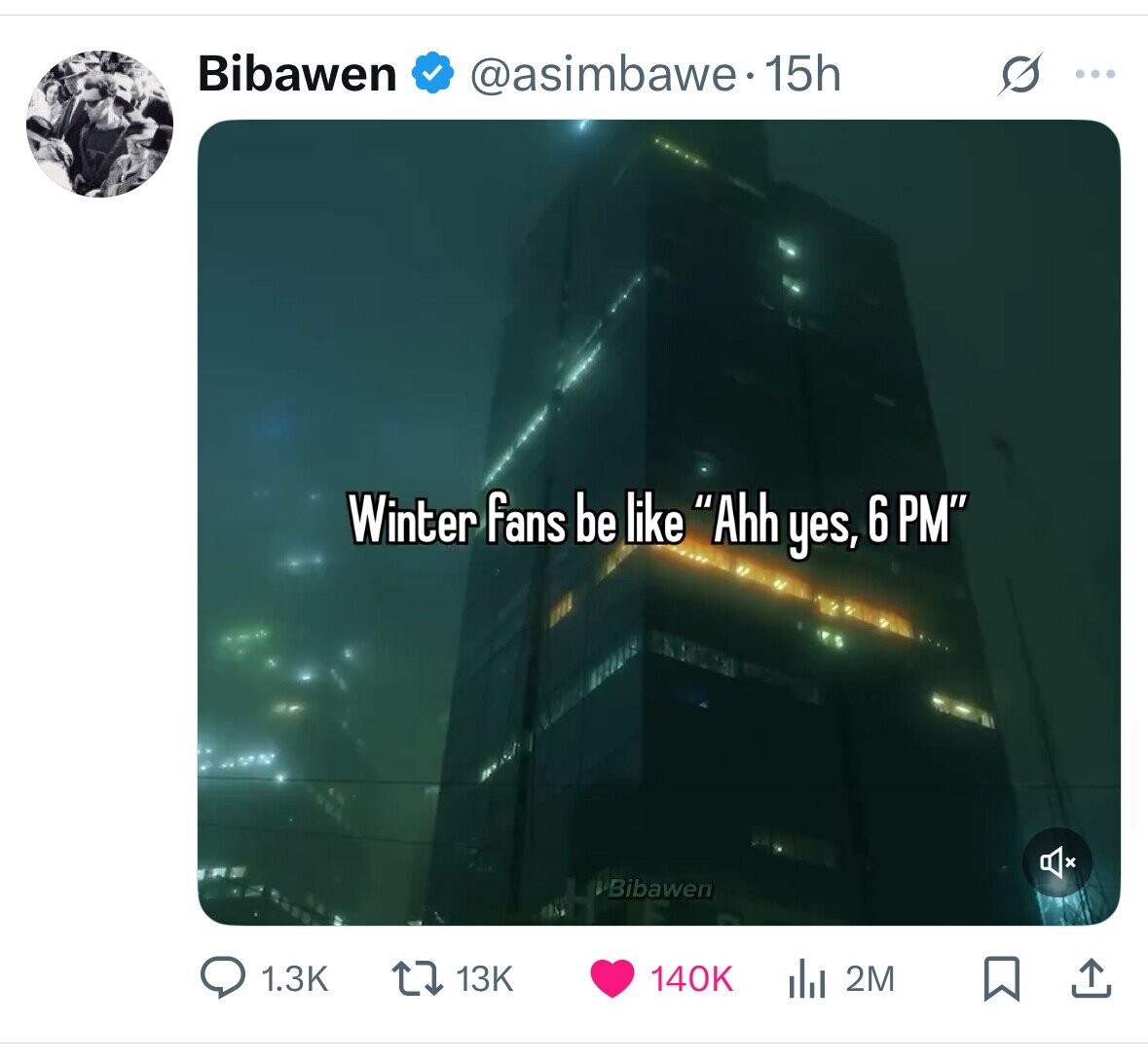 Bibawen @asimbawe. 15h ... Winter fans be like Ahh yes, 6 PM Bibawen 13K 140K 1.3K 2M 