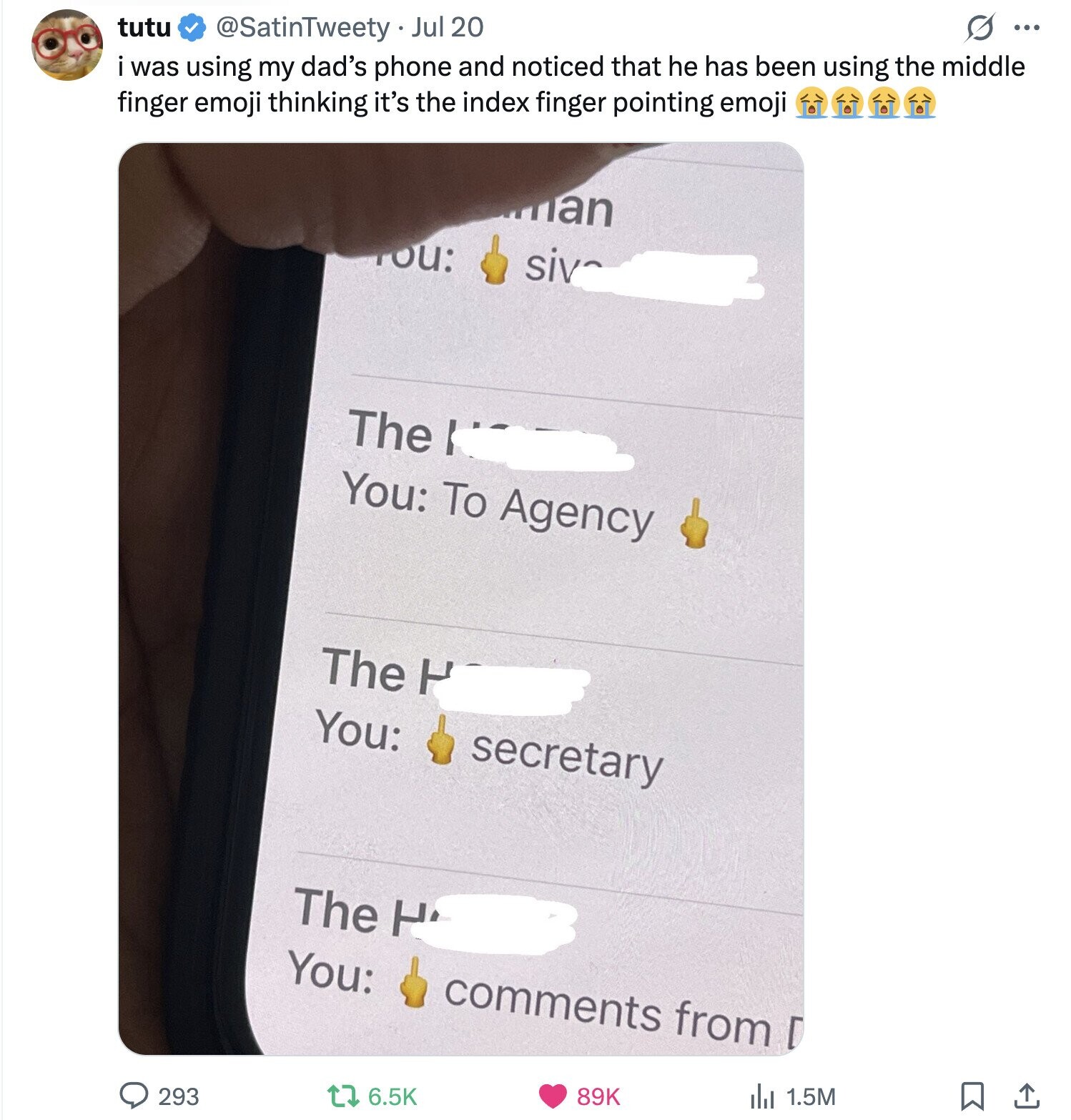 O ... @SatinTweety Jul 20 tutu i was using my dad's phone and noticed that he has been using the middle finger emoji thinking it's the index finger pointing emoji man ou: siv~ The You: To Agency The H You: secretary The H You: comments from Г del 1.5M 89K 6.5K 293
