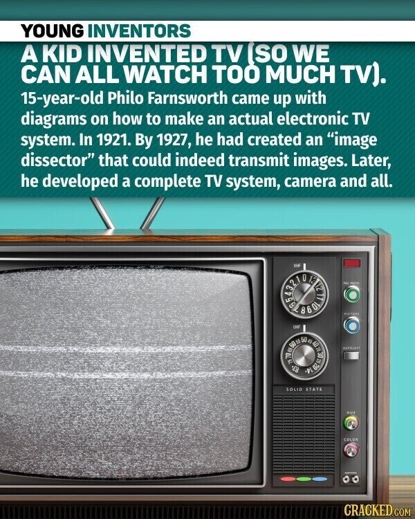 YOUNG INVENTORS A KID INVENTED TV (SO WE CAN ALL WATCH TOO MUCH TV). 15-year-old Philo Farnsworth came up with diagrams on how to make an actual electronic TV system. In 1921. By 1927, he had created an image dissector that could indeed transmit images. Later, he developed a complete TV system, camera and all. VHE 1. 860L 12 17 - PICTURE UHF ASTOJA -٤8 SOLID STATE HUE COLOR CRACKED.COM