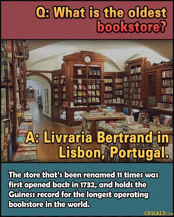 Q: What is the oldest bookstore? hn arm RT MIS A: Livraria Bertrand in Lisbon, Portugal. The store that's been renamed 11 times was first opened back in 1732, and holds the Guiness record for the longest operating bookstore in the world. CRACKED.COM