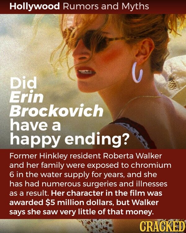 Hollywood Rumors and Myths Did Erin Brockovich have a happy ending? Former Hinkley resident Roberta Walker and her family were exposed to chromium 6 in the water supply for years, and she has had numerous surgeries and illnesses as a result. Her character in the film was awarded $5 million dollars, but Walker says she saw very little of that money. CRACKED
