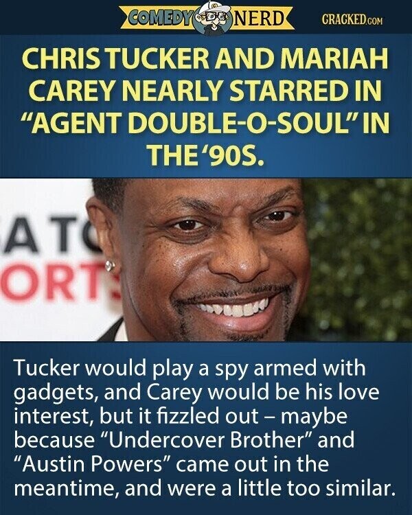 COMEDY NERD CRACKED.COM CHRIS TUCKER AND MARIAH CAREY NEARLY STARRED IN AGENT DOUBLE-O-SOULIN THE'90S. AT ORT Tucker would play a spy armed with gadgets, and Carey would be his love interest, but it fizzled out - maybe because Undercover Brother and Austin Powers came out in the meantime, and were a little too similar.