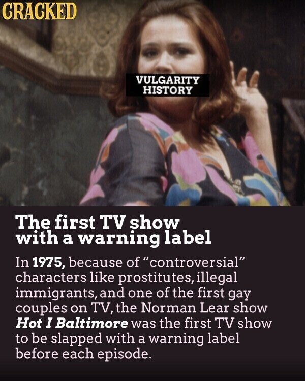 CRACKED VULGARITY HISTORY The first TV show with a warning label In 1975, because of controversial characters like prostitutes, illegal immigrants, and one of the first gay couples on TV, the Norman Lear show Hot I Baltimore was the first TV show to be slapped with a warning label before each episode.