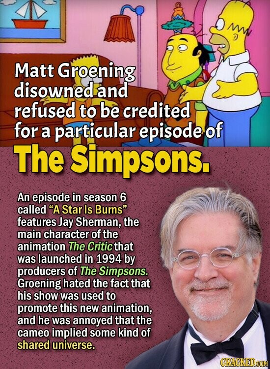 Matt Groening disowned and refused to be credited for a particular episode of The Simpsons. An episode in season 6 called A Star Is Burns features Jay Sherman, the main character of the animation The Critic that was launched in 1994 by producers of The Simpsons. Groening hated the fact that his show was used to promote this new animation, and he was annoyed that the cameo implied some kind of shared universe. GRAGKED.COM