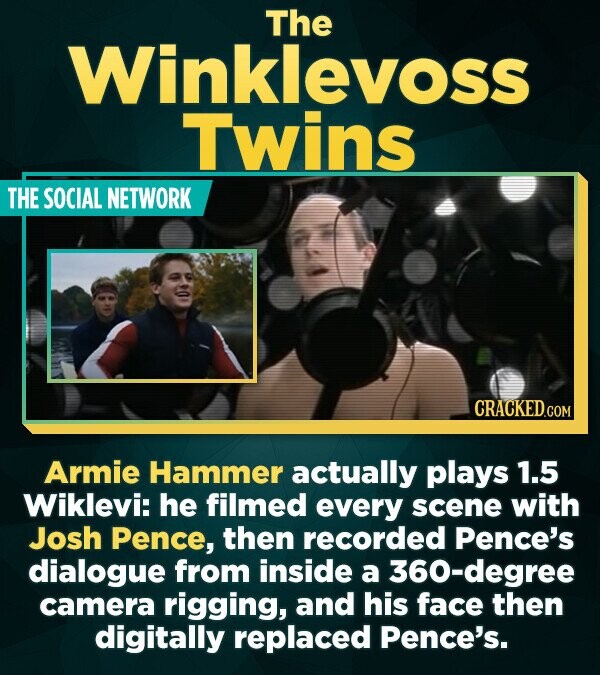 The Winklevoss Twins THE SOCIAL NETWORK CRACKED.COM Armie Hammer actually plays 1.5 Wiklevi: he filmed every scene with Josh Pence, then recorded Pence's dialogue from inside a 360-degree camera rigging, and his face then digitally replaced Pence's.