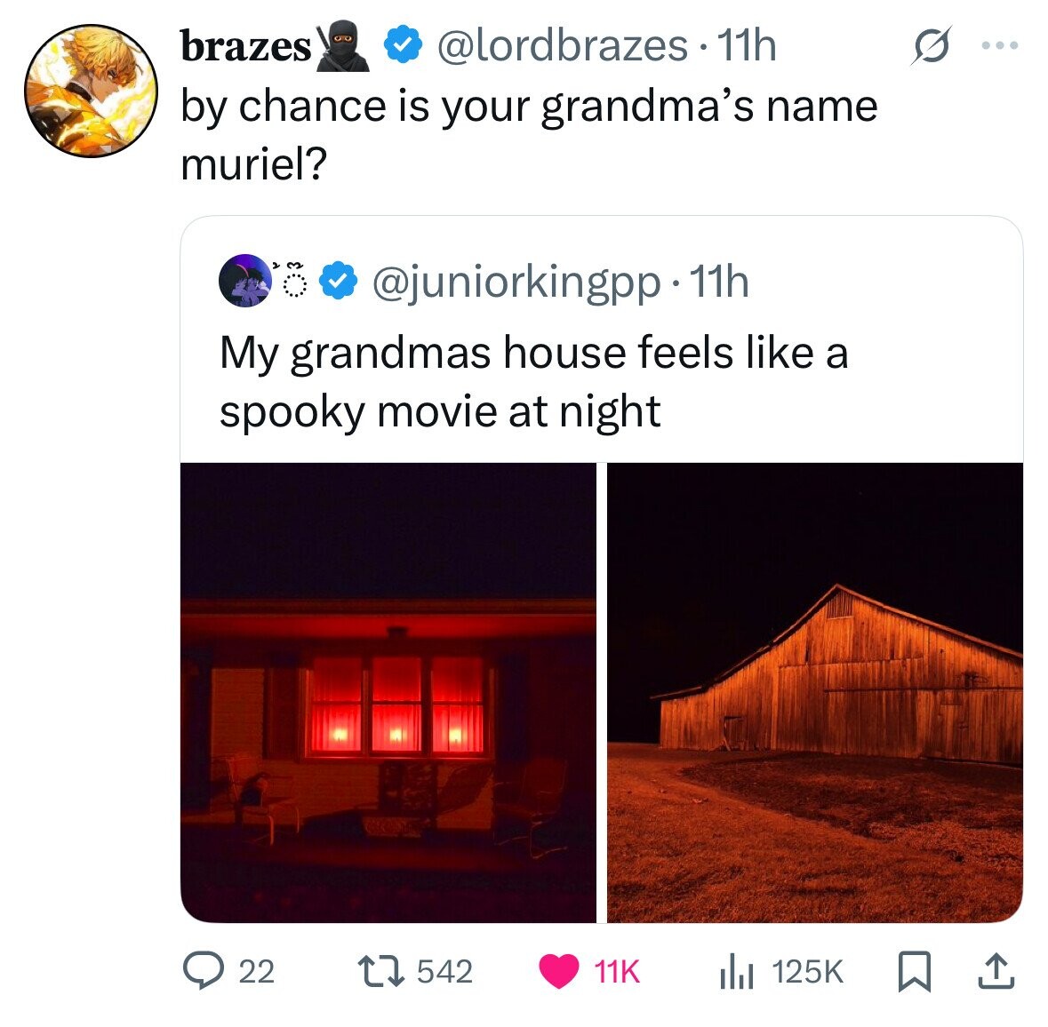brazes @lordbrazes.1 11h O ... by chance is your grandma's name muriel? @juniorkingpp . 11h My grandmas house feels like a spooky movie at night 22 542 11K 125K 