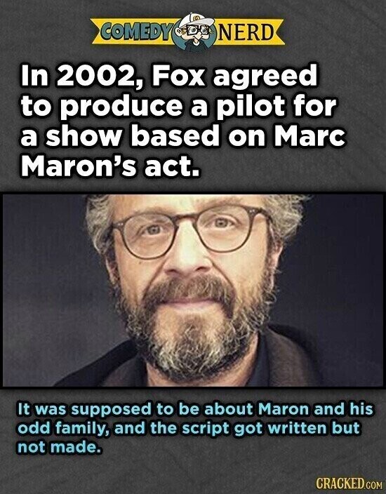 COMEDY NERD In 2002, Fox agreed to produce a pilot for a show based on Marc Maron's act. It was supposed to be about Maron and his odd family, and the script got written but not made. CRACKED.COM
