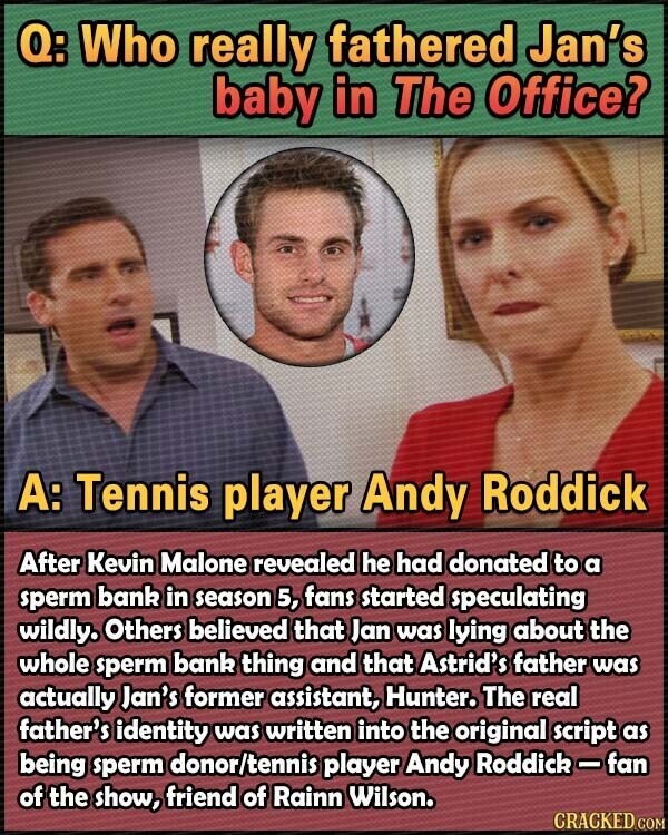 Q: Who really fathered Jan's baby in The Office? A: Tennis player Andy Roddick After Kevin Malone revealed he had donated to a sperm bank in season 5, fans started speculating wildly. Others believed that Jan was lying about the whole sperm bank thing and that Astrid's father was actually Jan's former assistant, Hunter. The real father's identity was written into the original script as being sperm donor/tennis player Andy Roddick-fan of the show, friend of Rainn Wilson. CRACKED.COM