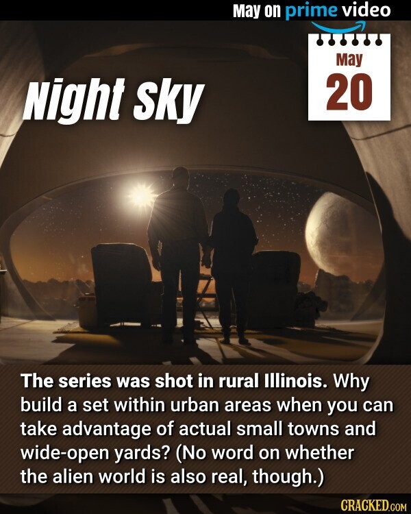 May on prime video May 20 Night sky The series was shot in rural Illinois. Why build a set within urban areas when you can take advantage of actual small towns and wide-open yards? (No word on whether the alien world is also real, though.) CRACKED.COM