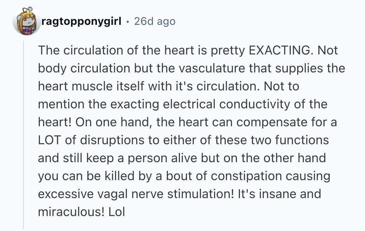 ragtopponygirl 26d ago The circulation of the heart is pretty EXACTING. Not body circulation but the vasculature that supplies the heart muscle itself with it's circulation. Not to mention the exacting electrical conductivity of the heart! On one hand, the heart can compensate for a LOT of disruptions to either of these two functions and still keep a person alive but on the other hand you can be killed by a bout of constipation causing excessive vagal nerve stimulation! It's insane and miraculous! Lol 