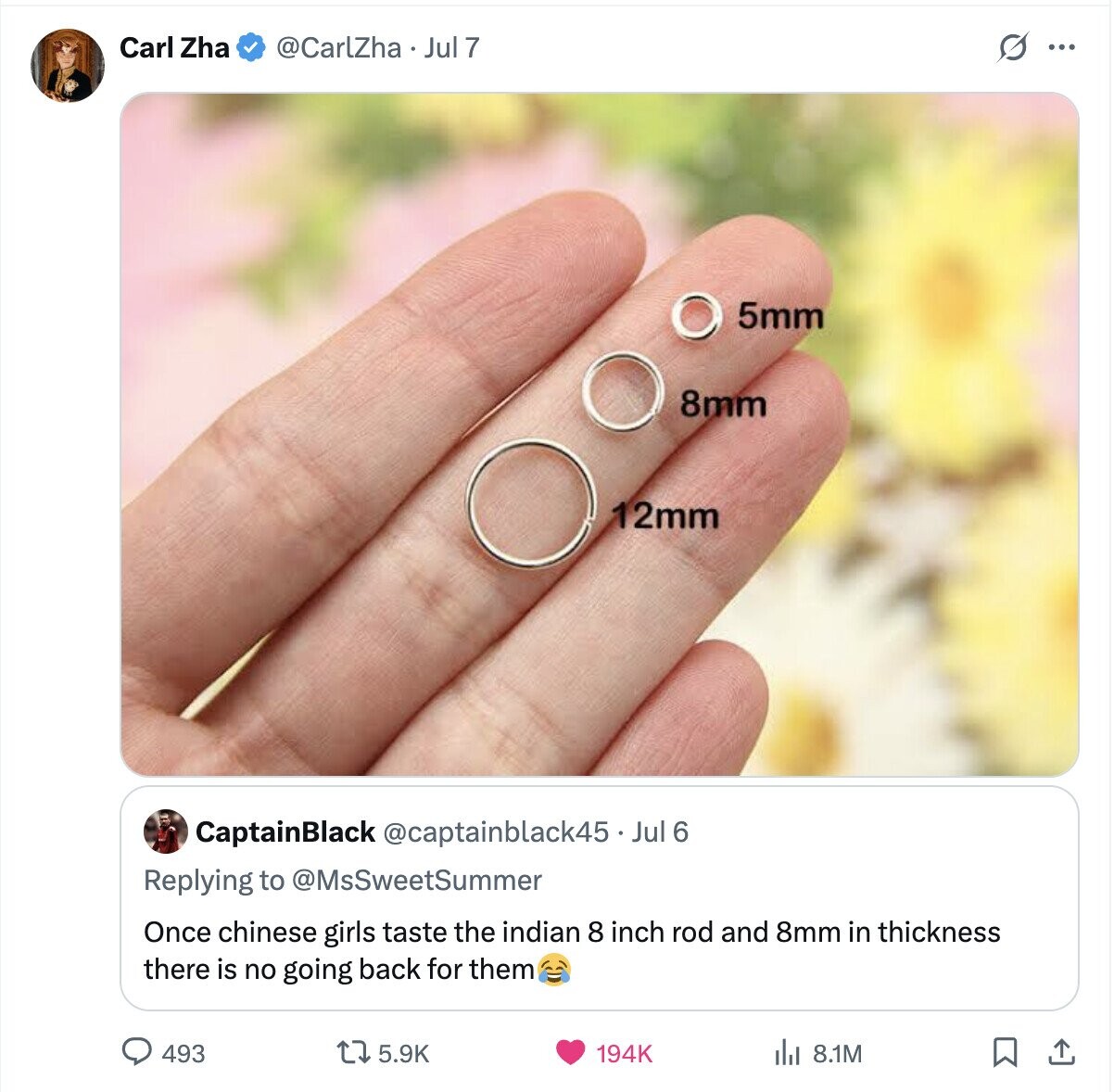Carl Zha @CarlZha Jul 7 s ... 5mm 8mm 12mm CaptainBlack @captainblack45 Jul 6 Replying to @MsSweetSummer Once chinese girls taste the indian 8 inch rod and 8mm in thickness there is no going back for them 493 5.9K 194K 8.1M