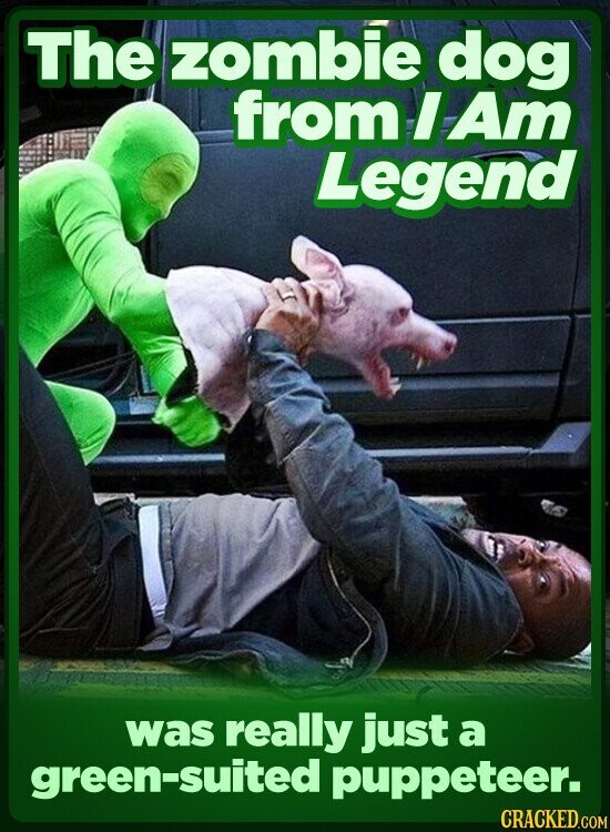 The zombie dog from I Am Legend was really just a green-suited puppeteer. CRACKED.COM