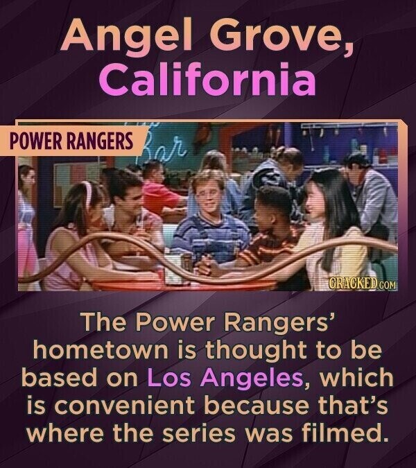 Angel Grove, California POWER RANGERS Bar CRACKED COM The Power Rangers' hometown is thought to be based on Los Angeles, which is convenient because that's where the series was filmed.