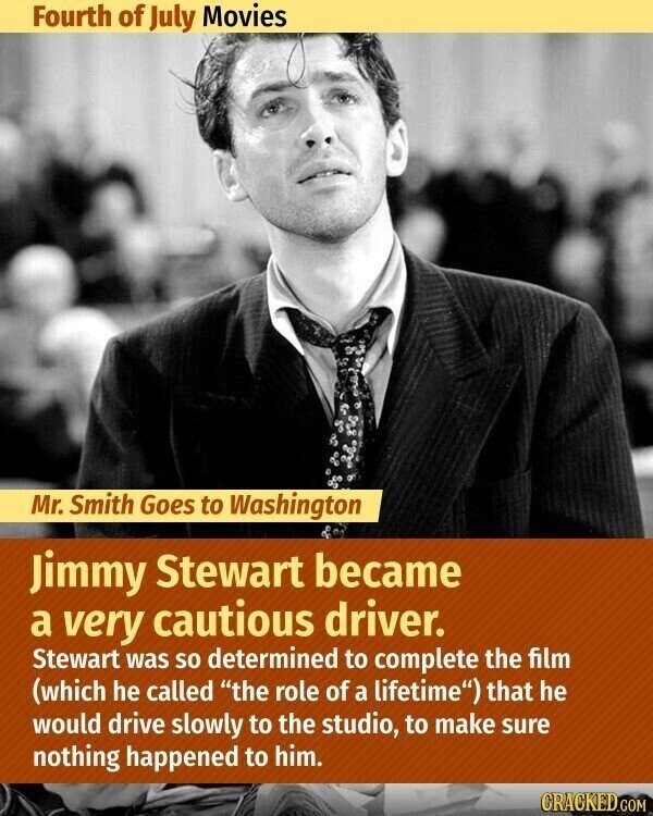 Fourth of July Movies Mr. Smith Goes to Washington Jimmy Stewart became a very cautious driver. Stewart was so determined to complete the film (which he called the role of a lifetime) that he would drive slowly to the studio, to make sure nothing happened to him. CRACKED.COM