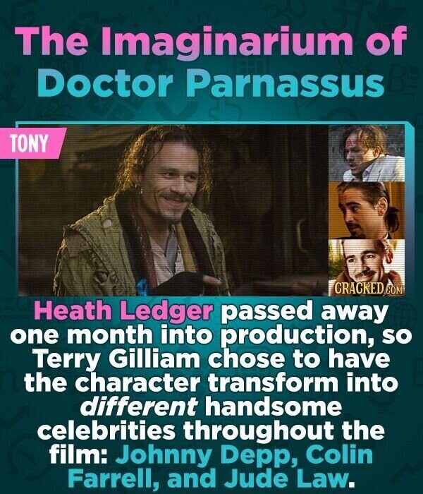 The Imaginarium of Doctor Parnassus BE TONY CRACKED COM Heath Ledger passed away one month into production, so Terry Gilliam chose to have the character transform into different handsome celebrities throughout the film: Johnny Depp, Colin Farrell, and Jude Law.
