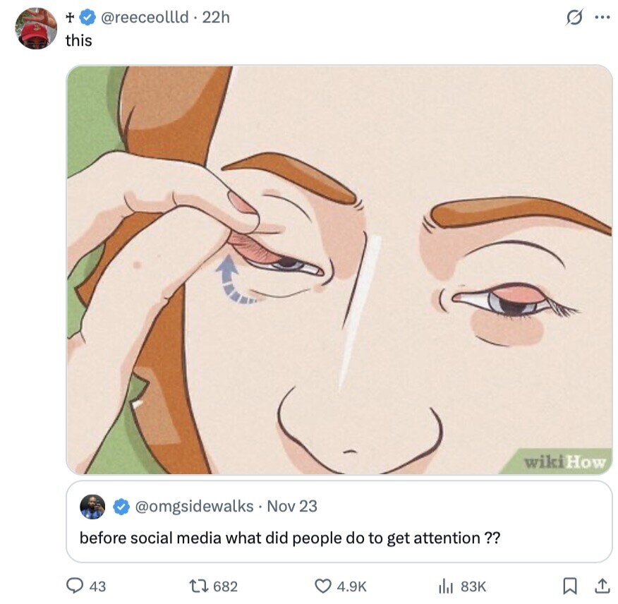 @reeceollld.22h G ... this wikiHow @omgsidewalks Nov 23 before social media what did people do to get attention?? 43 682 4.9K 83K 