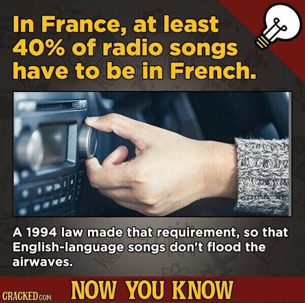 In France, at least 40% of radio songs have to be in French. A 1994 law made that requirement, so that English-language songs don't flood the airwaves. NOW YOU KNOW CRACKED.COM