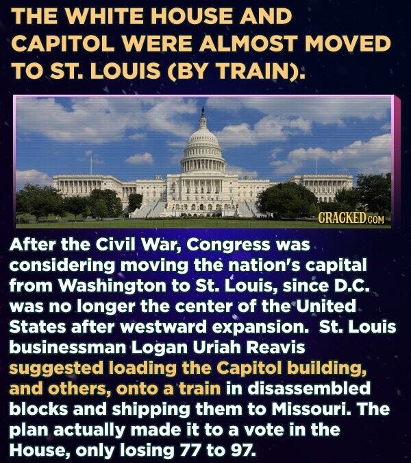 THE WHITE HOUSE AND CAPITOL WERE ALMOST MOVED TO ST. LOUIS (BY TRAIN). CRACKED.COM After the Civil War, Congress was considering moving the nation's capital from Washington to St. Louis, since D.C. was no longer the center of the United States after westward expansion. St. Louis businessman Logan Uriah Reavis suggested loading the Capitol building, and others, onto a train in disassembled blocks and shipping them to Missouri. The plan actually made it to a vote in the House, only losing 77 to 97.
