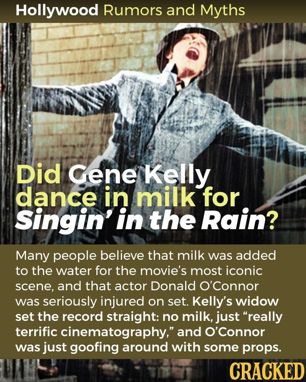 Hollywood Rumors and Myths Did Gene Kelly dance in milk for Singin' in the Rain? Many people believe that milk was added to the water for the movie's most iconic scene, and that actor Donald O'Connor was seriously injured on set. Kelly's widow set the record straight: no milk, just really terrific cinematography, and O'Connor was just goofing around with some props. CRACKED