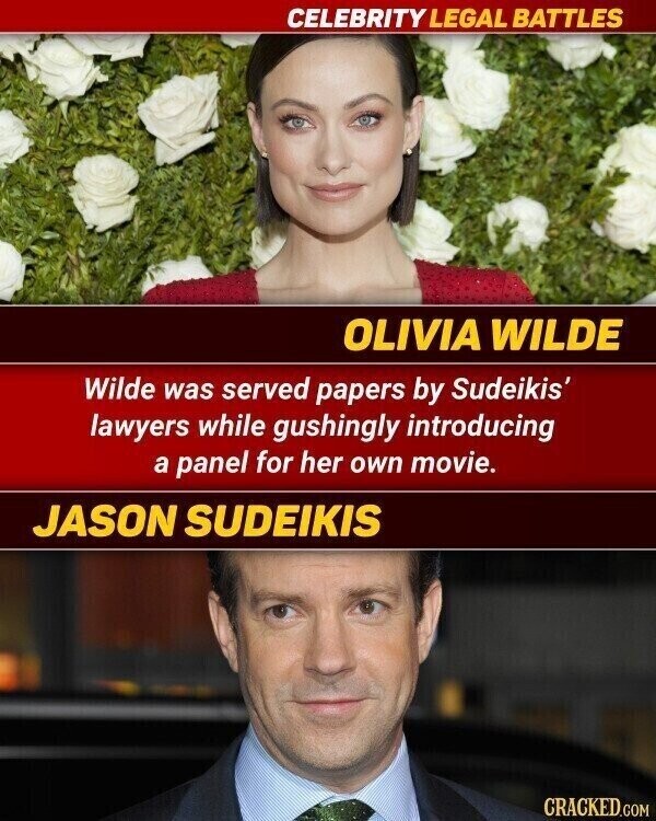 CELEBRITY LEGAL BATTLES OLIVIA WILDE Wilde was served papers by Sudeikis' lawyers while gushingly introducing a panel for her own movie. JASON SUDEIKIS CRACKED.COM
