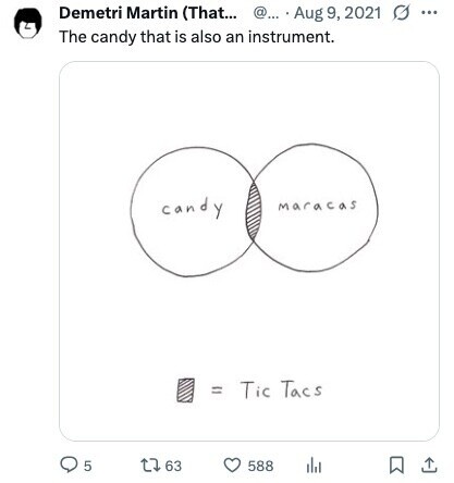 Demetri Martin (That... @... Aug 9, 2021 S ... 2 The candy that is also an instrument. candy maracas = Tic Tacs 5 63 588