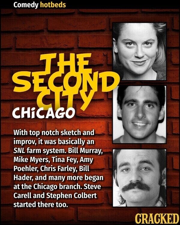 Comedy hotbeds THE SECOND CITY CHiCAGO With top notch sketch and improv, it was basically an SNL farm system. Bill Murray, Mike Myers, Tina Fey, Amy Poehler, Chris Farley, Bill Hader, and many more began at the Chicago branch. Steve Carell and Stephen Colbert started there too. CRACKED