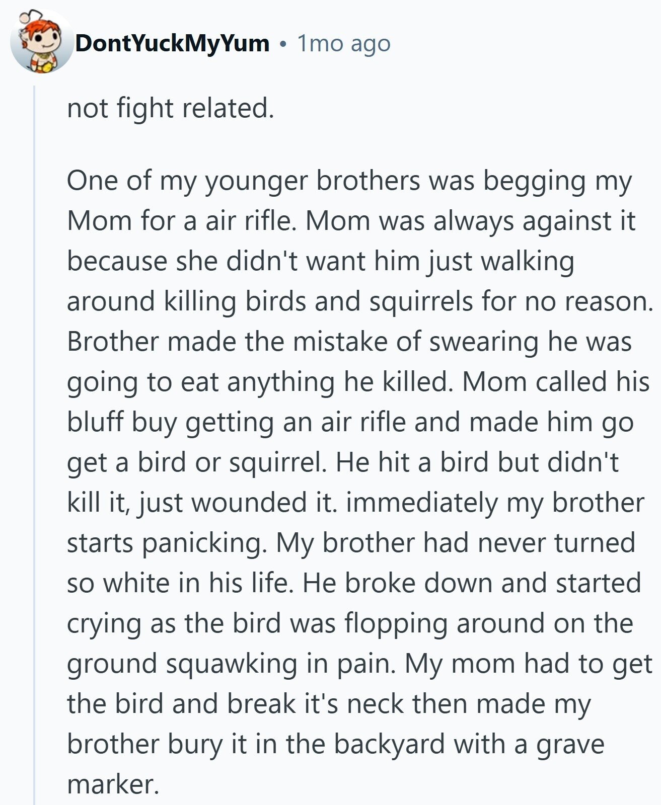 DontYuckMyYum 1mo ago not fight related. One of my younger brothers was begging my Mom for a air rifle. Mom was always against it because she didn't want him just walking around killing birds and squirrels for no reason. Brother made the mistake of swearing he was going to eat anything he killed. Mom called his bluff buy getting an air rifle and made him go get a bird or squirrel. Не hit a bird but didn't kill it, just wounded it. immediately my brother starts panicking. My brother had never turned so white in his life. Не broke down