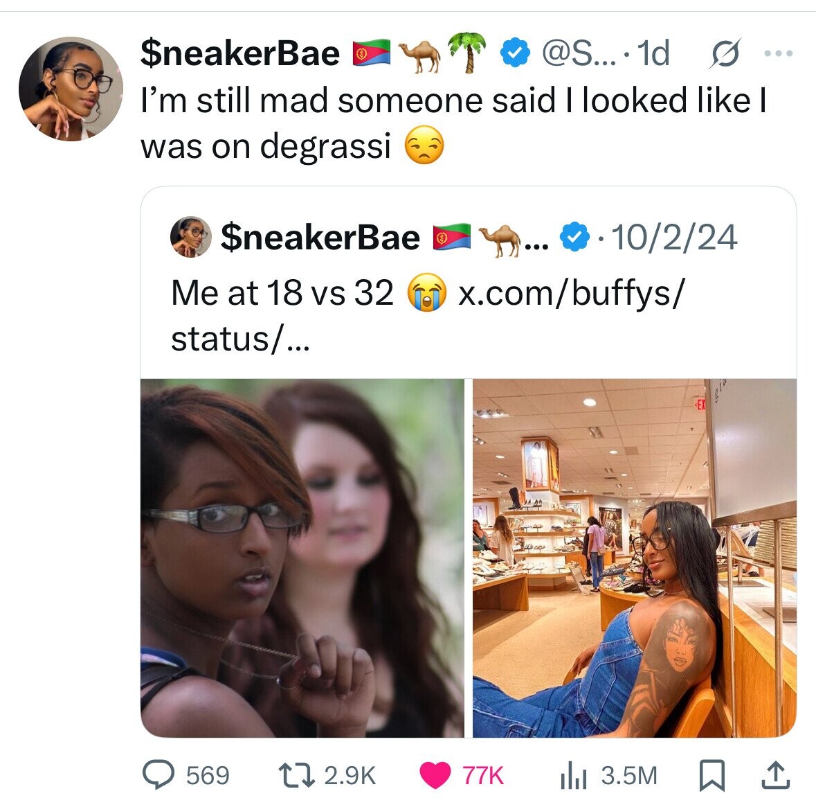 $neakerBae @S... . 1d s ... I'm still mad someone said I looked like I was on degrassi $neakerBae ... 10/2/24 Me at 18 vs 32 x.com/buffys/ status/... 569 2.9K 77K 3.5M 