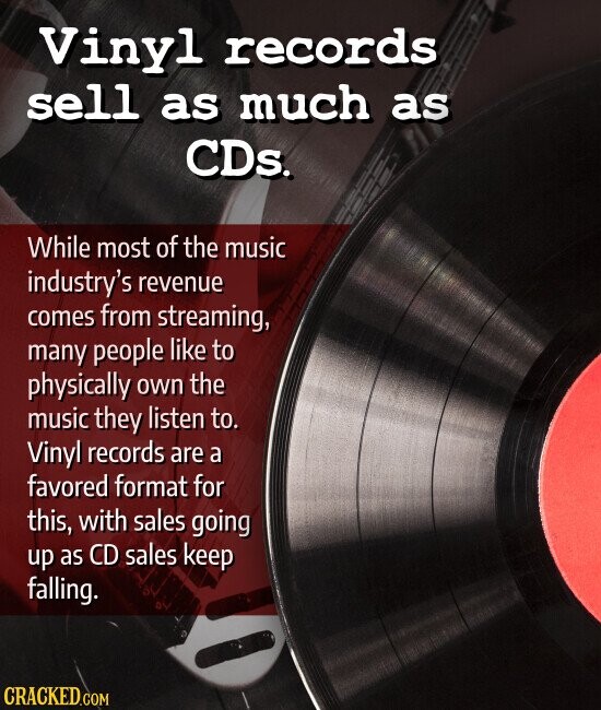 Vinyl records sell as much as CDs. While most of the music industry's revenue comes from streaming, many people like to physically own the music they listen to. Vinyl records are a favored format for this, with sales going up as CD sales keep falling. CRACKED.COM