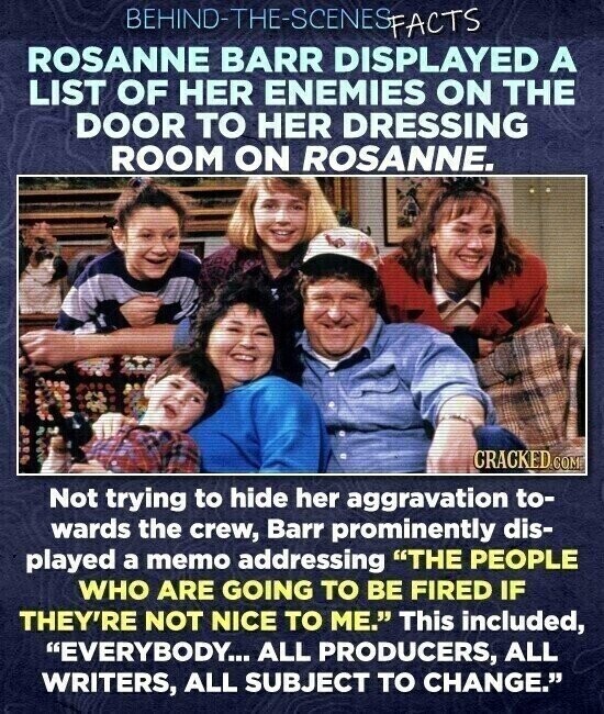 BEHINO-THE-SCENES FACTS ROSANNE BARR DISPLAYED A LIST OF HER ENEMIES ON THE DOOR TO HER DRESSING ROOM ON ROSANNE. CRACKED.COM Not trying to hide her aggravation to- wards the crew, Barr prominently dis- played a memo addressing THE PEOPLE WHO ARE GOING TO BE FIRED IF THEY'RE NOT NICE TO ME. This included, EVERYBODY... ALL PRODUCERS, ALL WRITERS, ALL SUBJECT TO CHANGE.