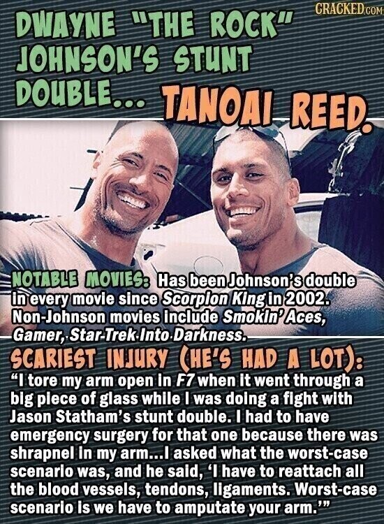 CRACKED.COM DWAYNE THE ROCK JOHNSON'S STUNT DOUBLE... TANOAI REED. NOTABLE MOVIES: Has been Johnson's double in every movie since Scorpion King in 2002. Non-Johnson movies include Smokin' Aces, Gamer, StarTrek Into Darkness. SCARIEST INJURY CHE'S HAD A LOT): I tore my arm open in F7 when it went through a big piece of glass while I was doing a fight with Jason Statham's stunt double. I had to have emergency surgery for that one because there was shrapnel in my arm...I asked what the worst-case scenario was, and he said, 'I have to reattach all the blood vessels, tendons, ligaments. Worst-case scenario
