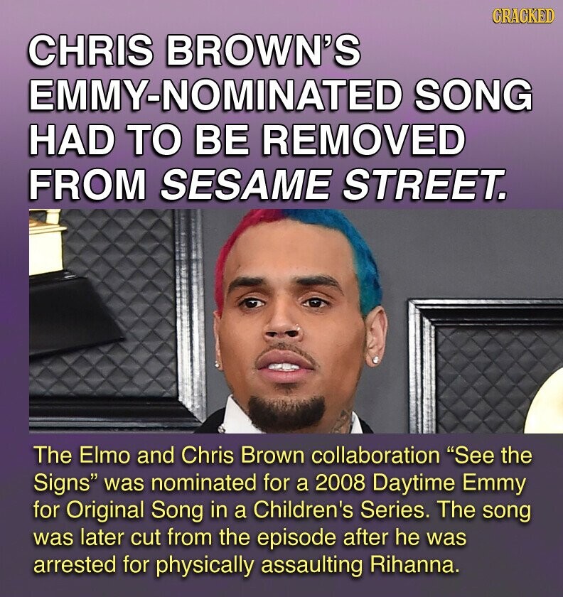 GRACKED CHRIS BROWN'S EMMY-NOMINATED SONG HAD TO BE REMOVED FROM SESAME STREET. The Elmo and Chris Brown collaboration See the Signs was nominated for a 2008 Daytime Emmy for Original Song in a Children's Series. The song was later cut from the episode after he was arrested for physically assaulting Rihanna.