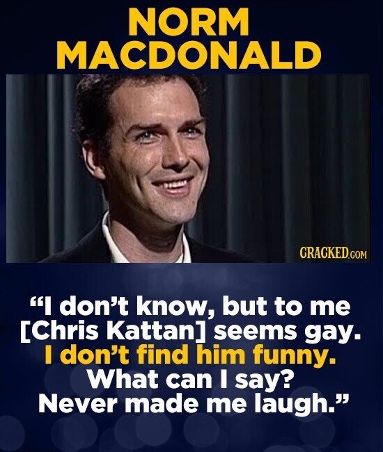 NORM MACDONALD CRACKED.COM I don't know, but to me seems gay. I don't find him funny. What can I say? Never made me laugh.