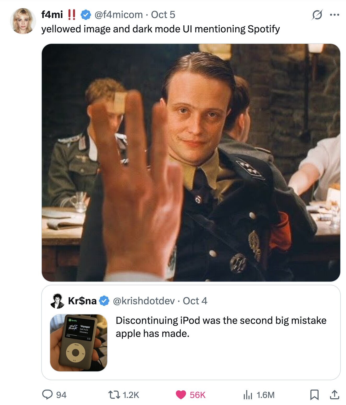 f4mi !! @f4micom Oct 5 ... yellowed image and dark mode UI mentioning Spotify Kr$na @krishdotdev Oct 4 Spotify Discontinuing iPod was the second big mistake You Voyager Daft Punk Discovery apple has made. 2:41 MENU 94 1.2K 56K 1.6M 