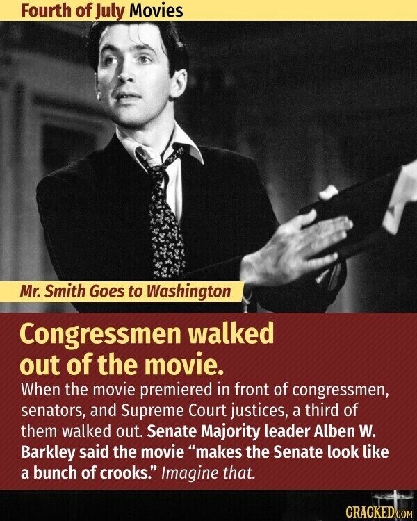 Fourth of July Movies Mr. Smith Goes to Washington Congressmen walked out of the movie. When the movie premiered in front of congressmen, senators, and Supreme Court justices, a third of them walked out. Senate Majority leader Alben W. Barkley said the movie makes the Senate look like a bunch of crooks. Imagine that. CRACKED.COM