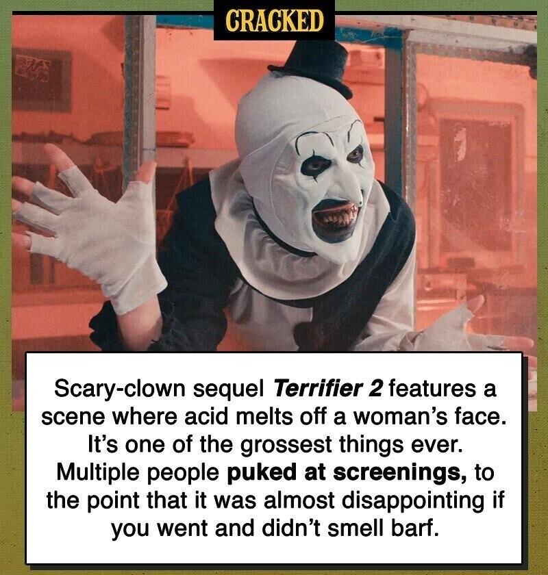 CRACKED Scary-clown sequel Terrifier 2 features a scene where acid melts off a woman's face. It's one of the grossest things ever. Multiple people puked at screenings, to the point that it was almost disappointing if you went and didn't smell barf.
