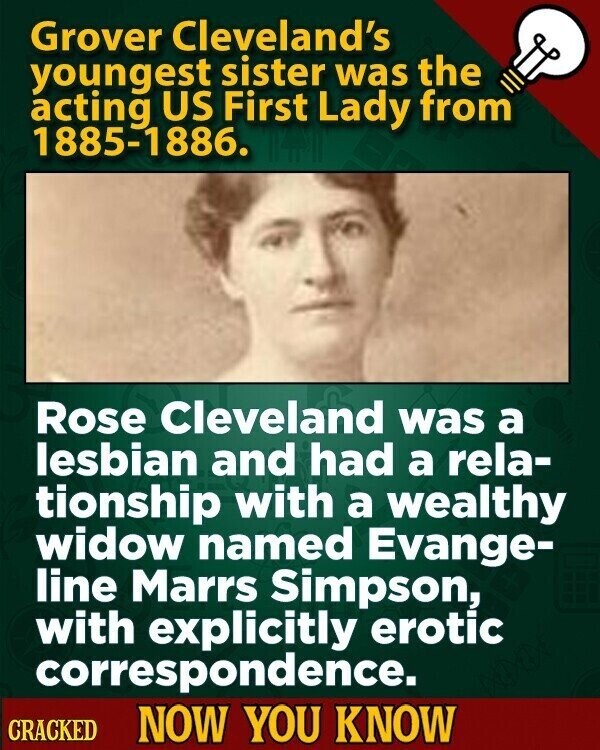 Grover Cleveland's youngest sister was the acting US First Lady from 1885-1886. Rose Cleveland was a lesbian and had a rela- tionship with a wealthy widow named Evange- line Marrs Simpson, with explicitly erotic correspondence. CRACKED NOW YOU KNOW