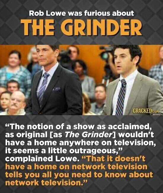 Rob Lowe was furious about THE GRINDER CRACKED COM The notion of a show as acclaimed, as original wouldn't have a home anywhere on television, it seems a little outrageous, complained Lowe. That it doesn't have a home on network television tells you all you need to know about network television.