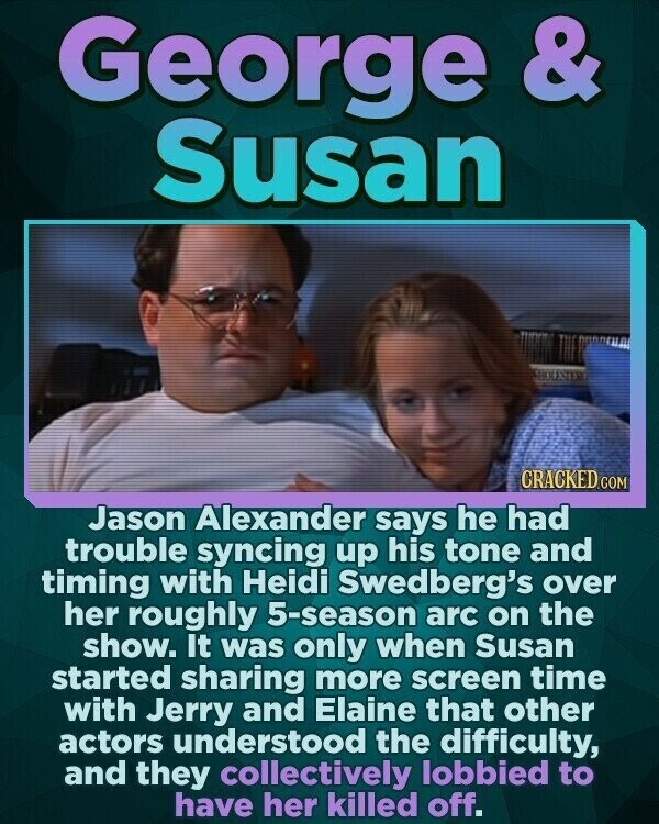 George & Susan CRACKED.COM Jason Alexander says he had trouble syncing up his tone and timing with Heidi Swedberg's over her roughly 5-season arc on the show. It was only when Susan started sharing more screen time with Jerry and Elaine that other actors understood the difficulty, and they collectively lobbied to have her killed off.