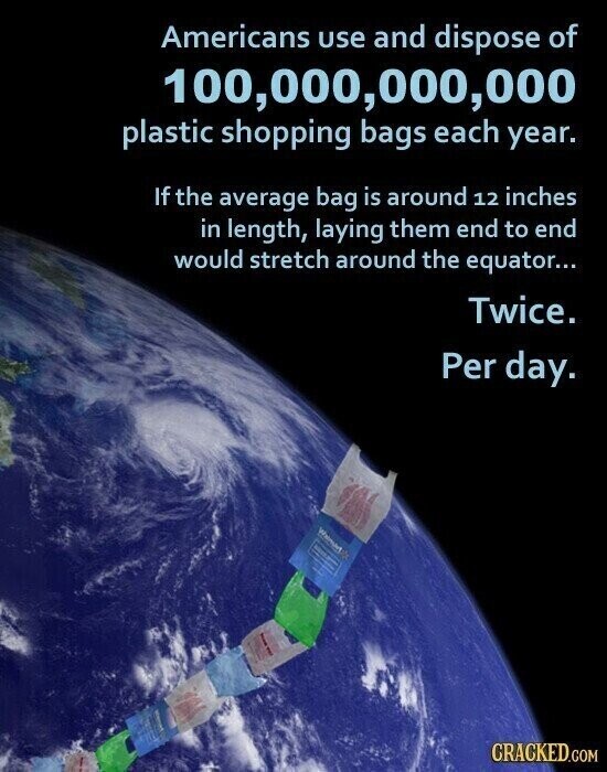 Americans use and dispose of 100,000,000,000 plastic shopping bags each year. If the average bag is around 12 inches in length, laying them end to end would stretch around the equator... Twice. Per day. Weinurt CRACKED.COM