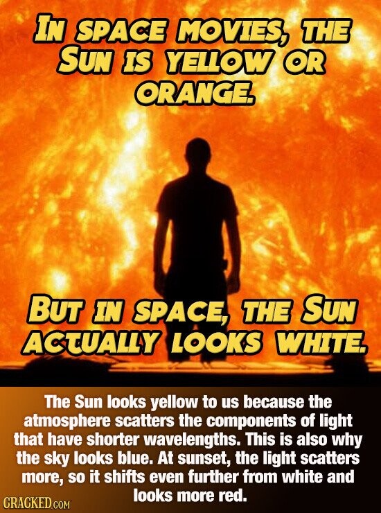 IN SPACE MOVIES, THE SUN IS YELLOW OR ORANGE. BUT IN SPACE, THE SUN ACTUALLY LOOKS WHITE. The Sun looks yellow to us because the atmosphere scatters the components of light that have shorter wavelengths. This is also why the sky looks blue. At sunset, the light scatters more, so it shifts even further from white and looks more red. CRACKED.COM