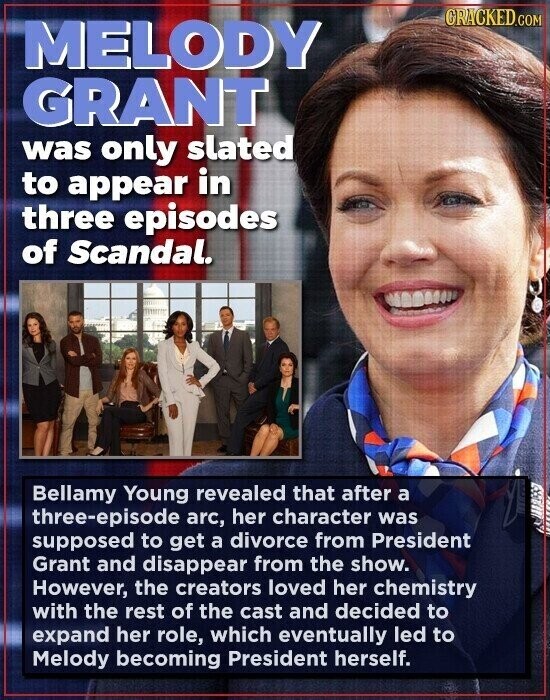 GRACKED.COM MELODY GRANT was only slated to appear in three episodes of Scandal. Bellamy Young revealed that after a three-episode arc, her character was supposed to get a divorce from President Grant and disappear from the show. However, the creators loved her chemistry with the rest of the cast and decided to expand her role, which eventually led to Melody becoming President herself.