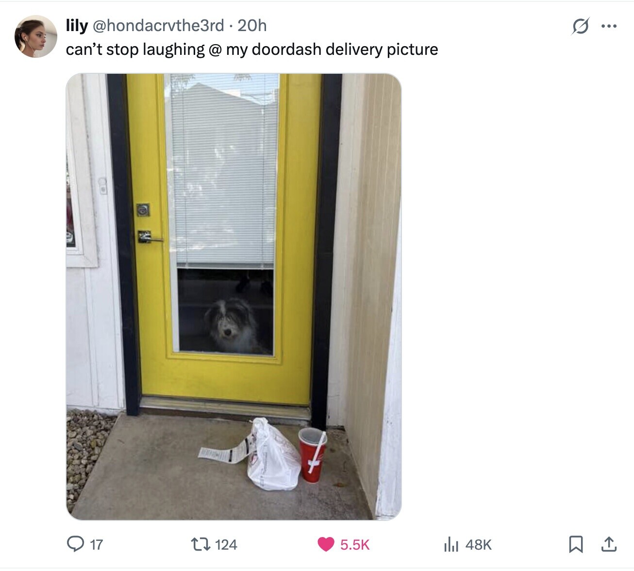 lily @hondacrvthe3rd . 2 20h s ... can't stop laughing @ my doordash delivery picture 17 124 5.5K del 48K