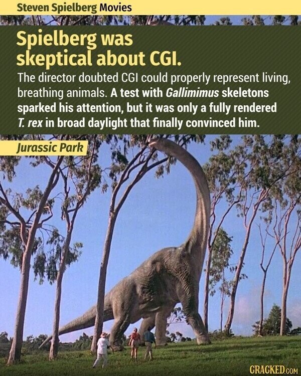 Steven Spielberg Movies Spielberg was skeptical about CGI. The director doubted CGI could properly represent living, breathing animals. A test with Gallimimus skeletons sparked his attention, but it was only a fully rendered T. rex in broad daylight that finally convinced him. Jurassic Park CRACKED.COM