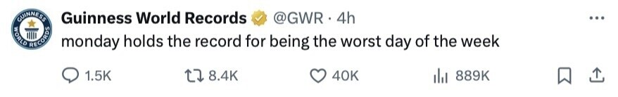 GUINNESS WORLD RECORDS Guinness World Records @GWR. 4h ... monday holds the record for being the worst day of the week 1.5K 8.4K 40K del 889K 