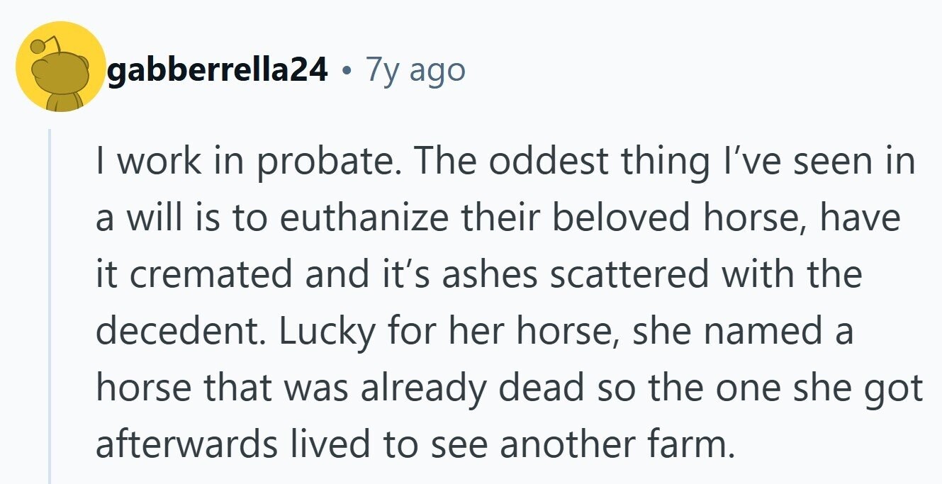 gabberrella24 . 7y ago I work in probate. The oddest thing I've seen in a will is to euthanize their beloved horse, have it cremated and it's ashes scattered with the decedent. Lucky for her horse, she named a horse that was already dead so the one she got afterwards lived to see another farm.