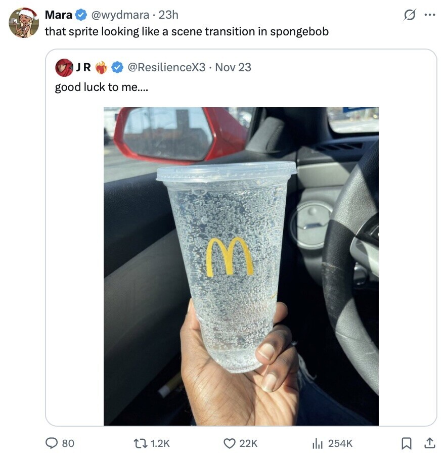 Mara @wydmara . 23h G ... that sprite looking like a scene transition in spongebob JR @ResilienceX3 Nov 23 good luck to me.... M 80 1.2K 22K 254K 