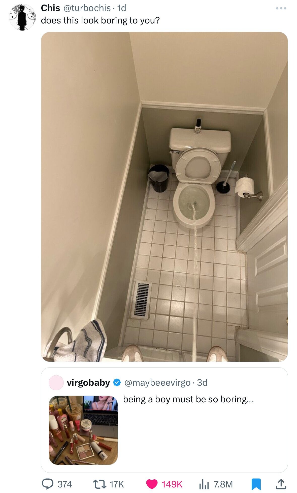 Chis @turbochis 1d does this look boring to you? virgobaby @maybeeevirgo . 3d being a boy must be so boring... Dior 374 17K 149K 7.8M
