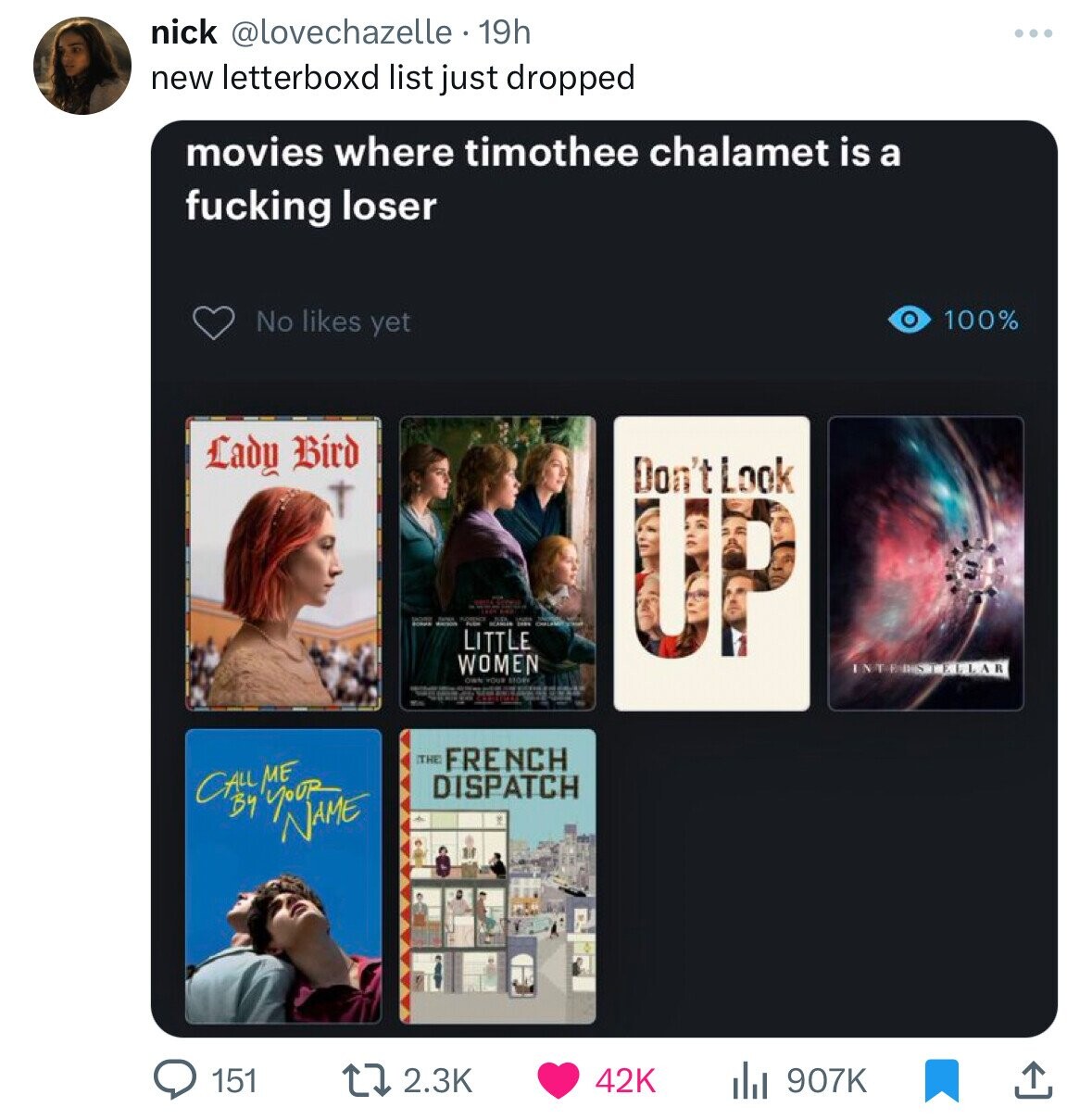 nick @lovechazelle . 19h new letterboxd list just dropped movies where timothee chalamet is a fucking loser No likes yet 100% Lady Bird Don'tLook - LITTLE UP WOMEN UNTFRSTELLAR own YOUR STORY - THE FRENCH CALL By NAME ME DISPATCH 151 2.3K 42K 907K