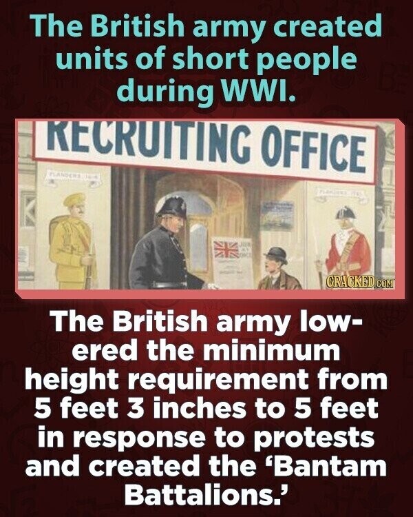 The British army created units of short people during WWI. RECRUITING OFFICE HANDERS JON DACE CRACKED CON The British army low- ered the minimum height requirement from 5 feet 3 inches to 5 feet in response to protests and created the 'Bantam Battalions.'